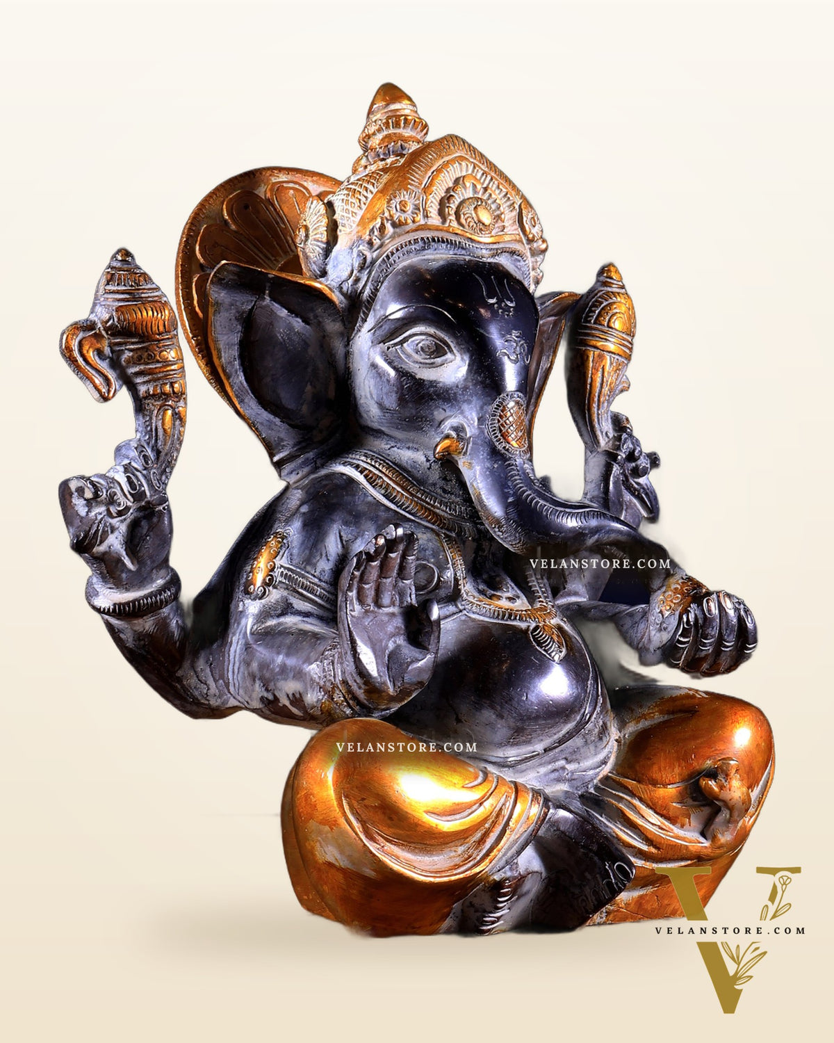 Vintage Brass Ganesha Idol with Sharp Features - 8 Inch
