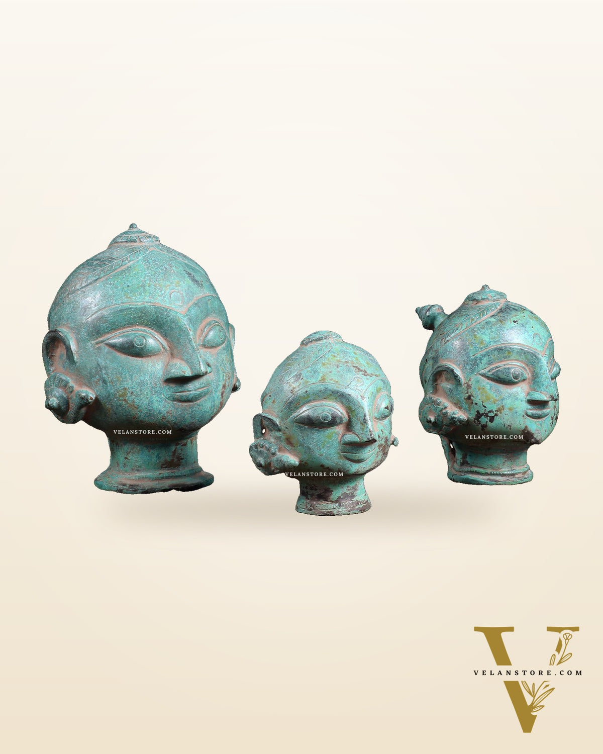 Vintage Brass Gauri Face Set – Green Sand Patina Finish