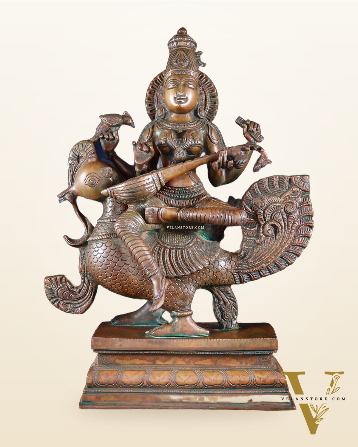 Vintage Brass Goddess Saraswati Statue - 20" Height | Chola touch