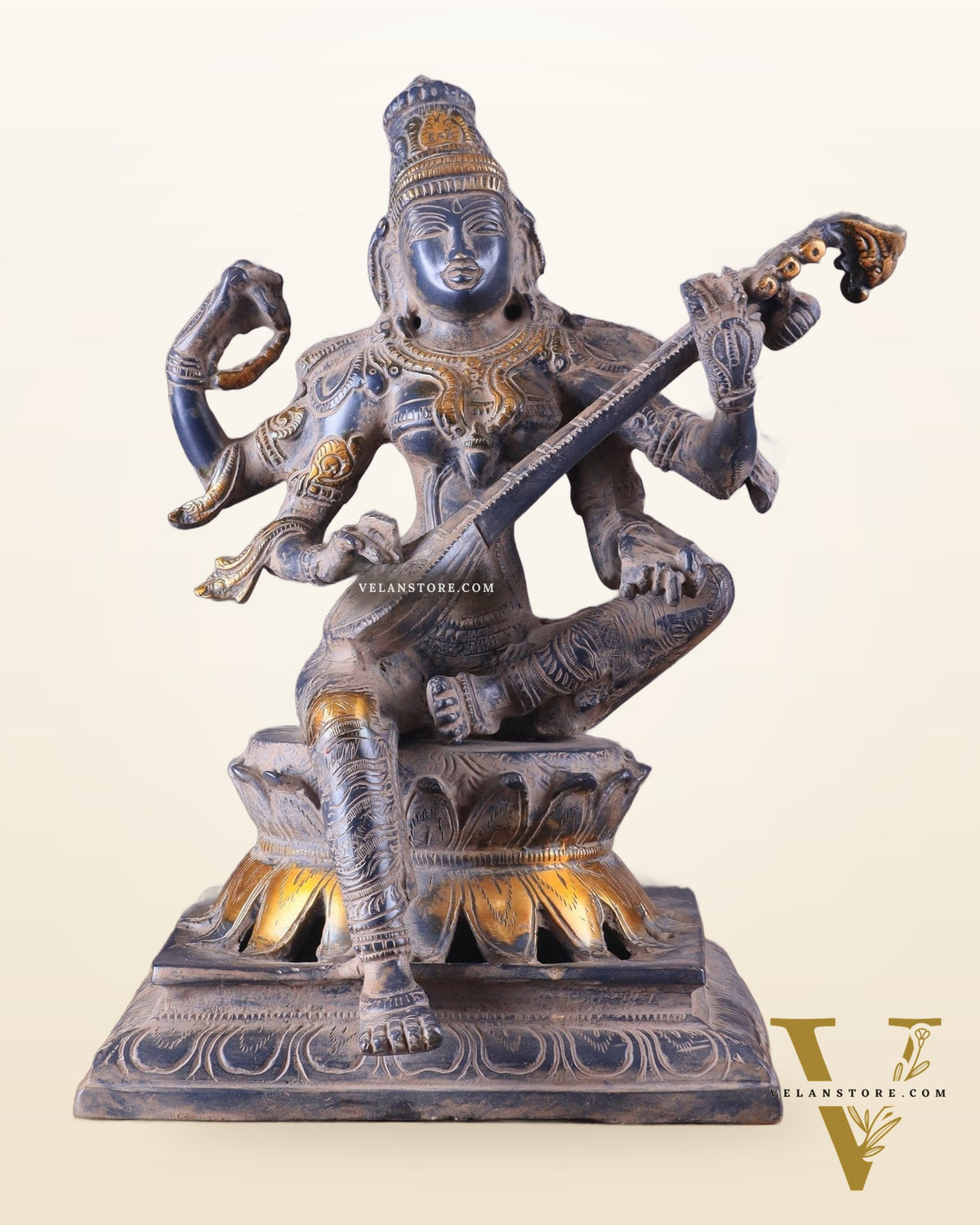 Vintage Brass Goddess Saraswati Statue - Sand Finish - 11"