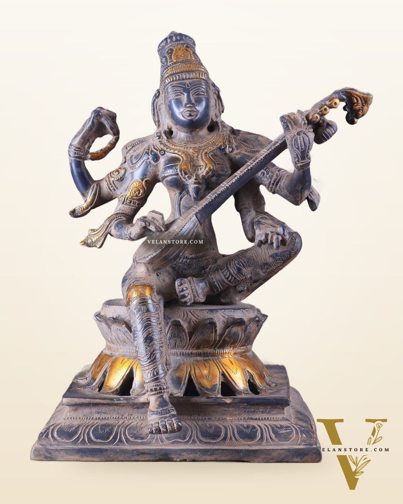 Vintage Brass Goddess Saraswati Statue - Sand Finish - 11"