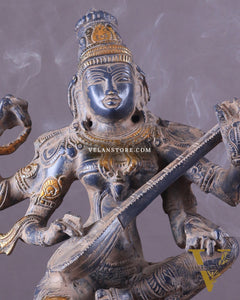 Vintage Brass Goddess Saraswati Statue - Sand Finish - 11"