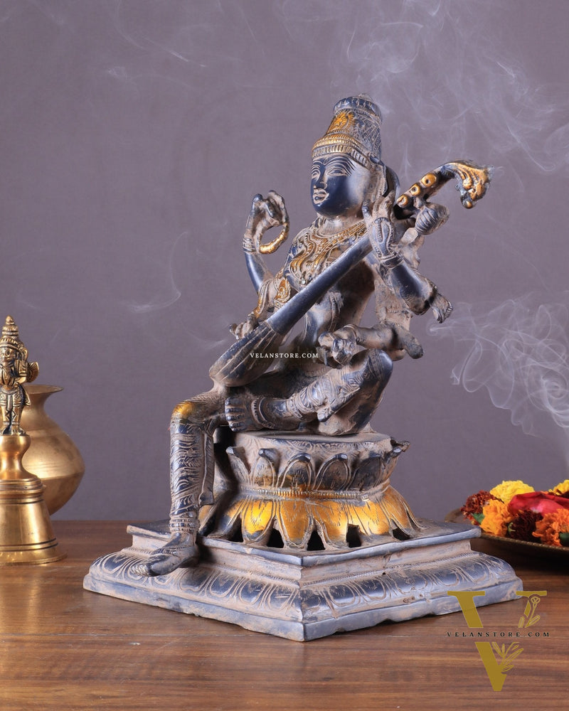 Vintage Brass Goddess Saraswati Statue - Sand Finish - 11"