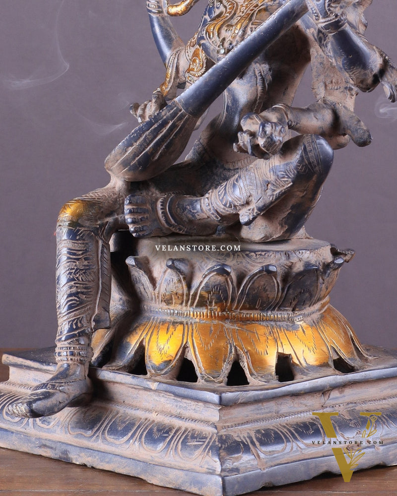 Vintage Brass Goddess Saraswati Statue - Sand Finish - 11"