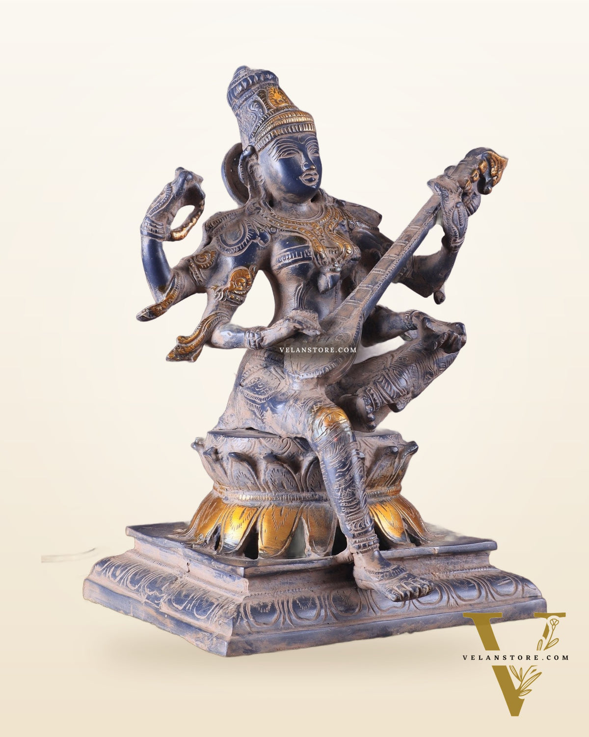 Vintage Brass Goddess Saraswati Statue - Sand Finish - 11"