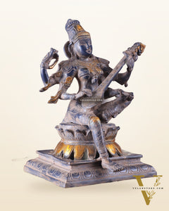 Vintage Brass Goddess Saraswati Statue - Sand Finish - 11"