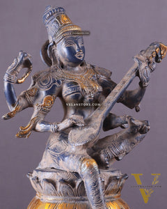 Vintage Brass Goddess Saraswati Statue - Sand Finish - 11"
