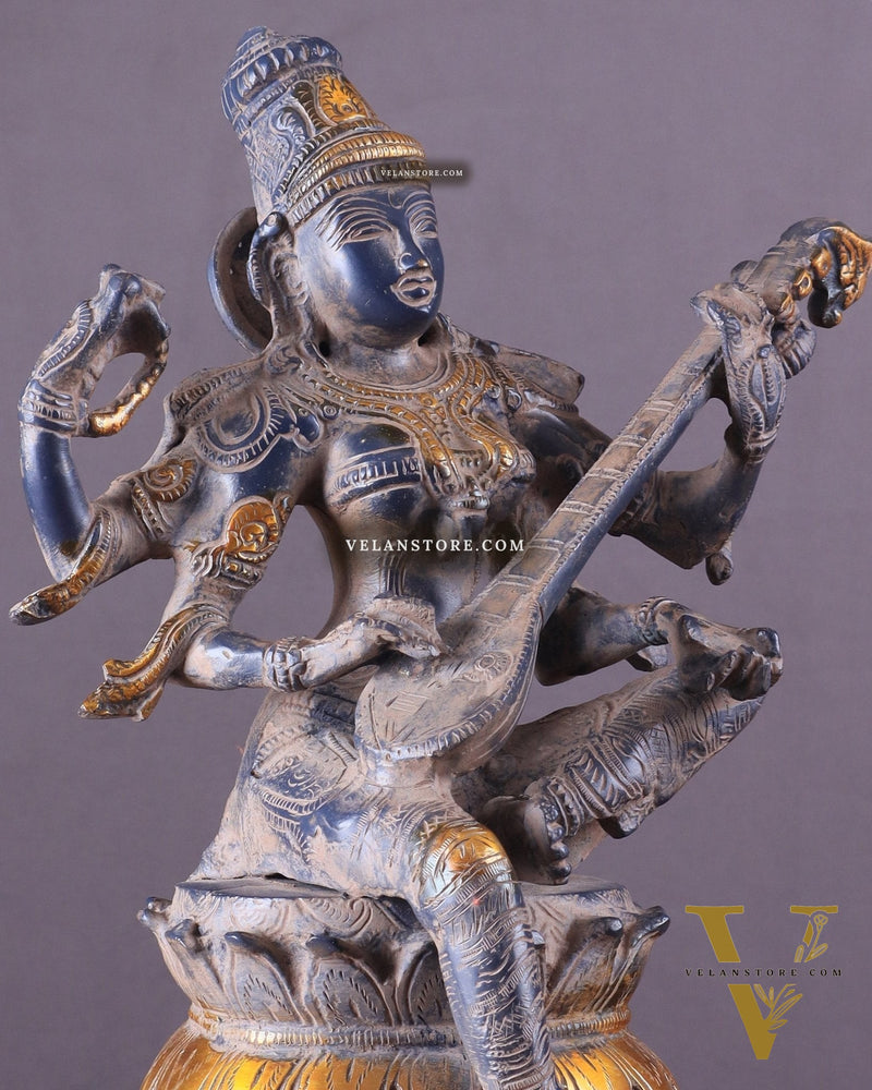 Vintage Brass Goddess Saraswati Statue - Sand Finish - 11"