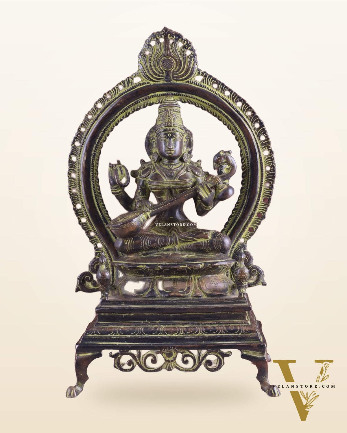 Vintage Brass Goddess Saraswati Statue – Sand Patina Finish 13"