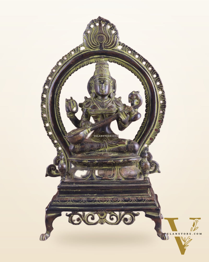 Vintage Brass Goddess Saraswati Statue – Sand Patina Finish 13"