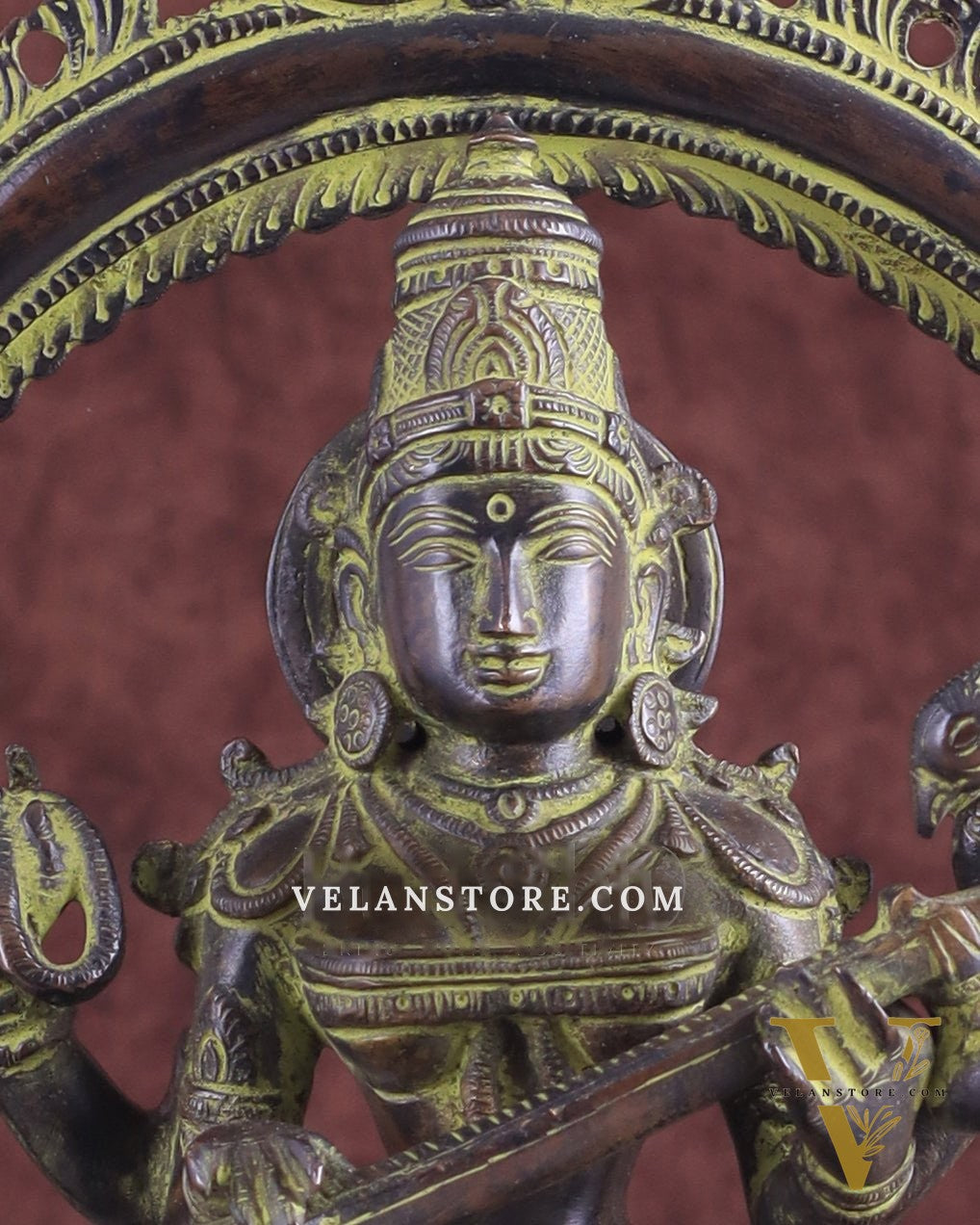 Vintage Brass Goddess Saraswati Statue – Sand Patina Finish 13"