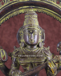 Vintage Brass Goddess Saraswati Statue – Sand Patina Finish 13"