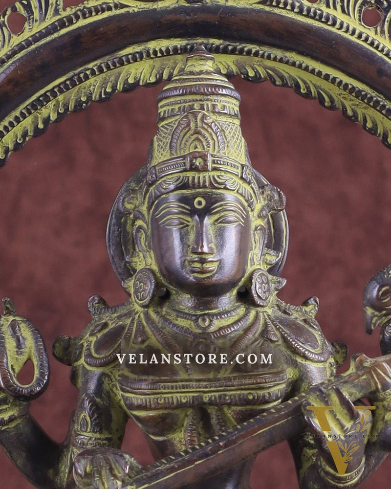 Vintage Brass Goddess Saraswati Statue – Sand Patina Finish 13"