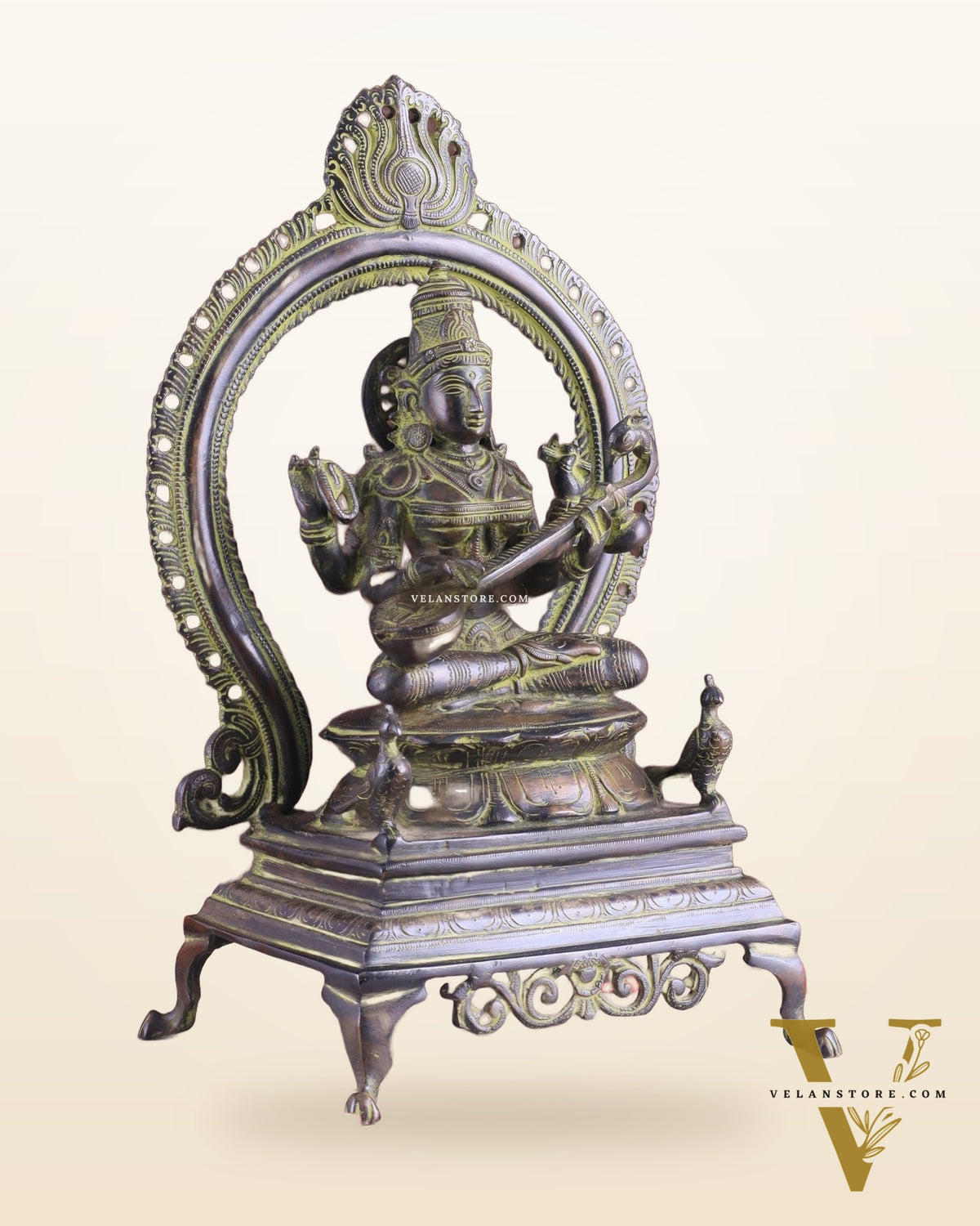 Vintage Brass Goddess Saraswati Statue – Sand Patina Finish 13"