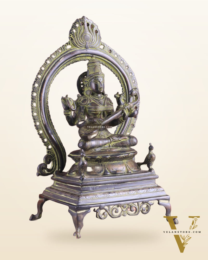 Vintage Brass Goddess Saraswati Statue – Sand Patina Finish 13"