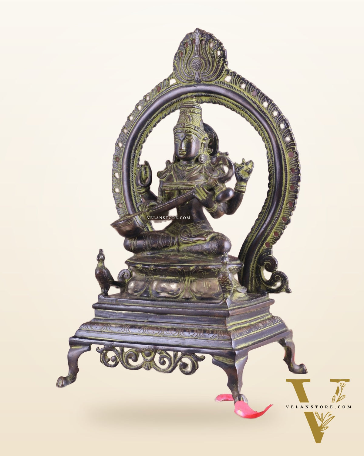 Vintage Brass Goddess Saraswati Statue – Sand Patina Finish 13"