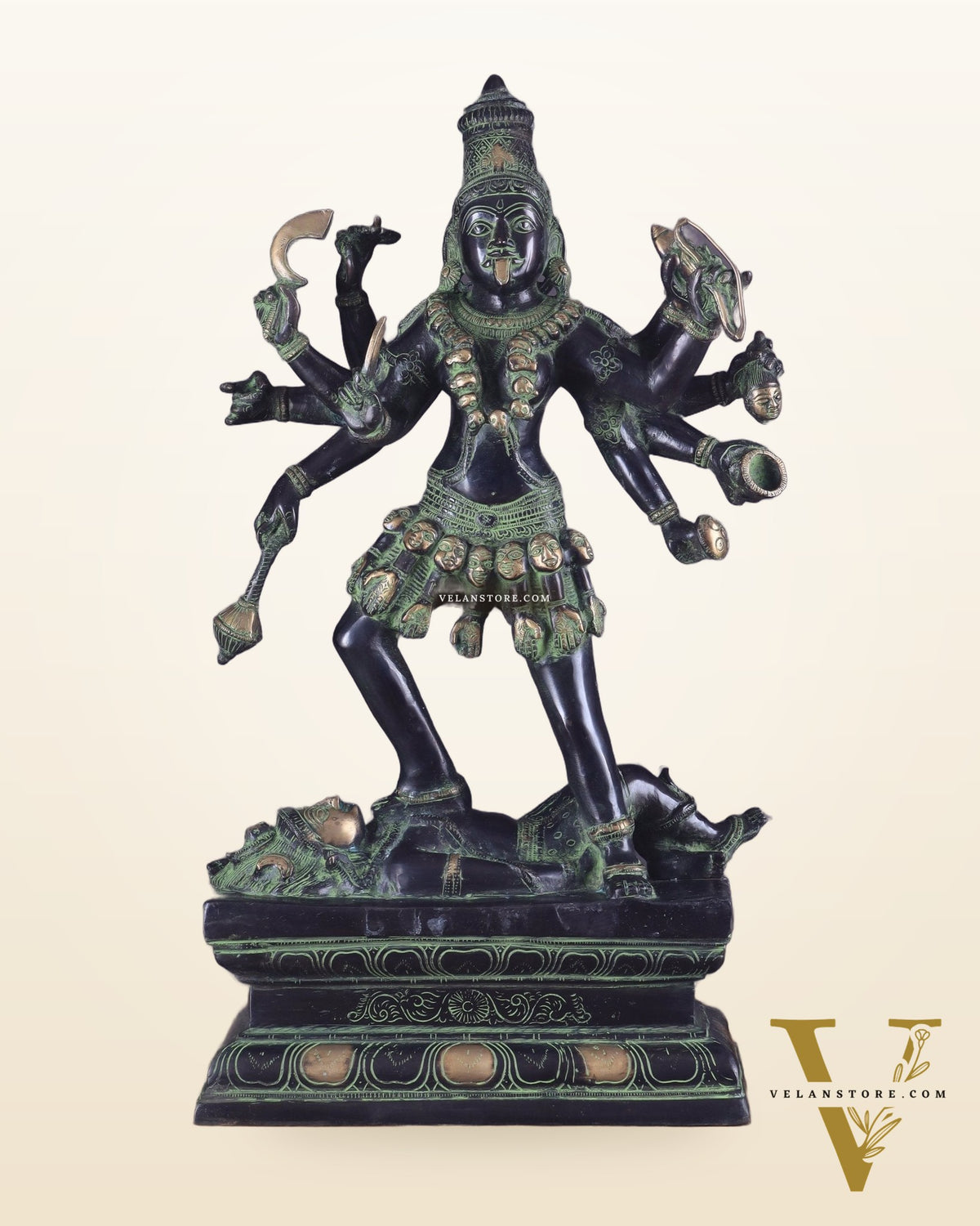 Vintage Brass Kali Mata Statue - 25 Inch, 10 Arms, Black green Edition