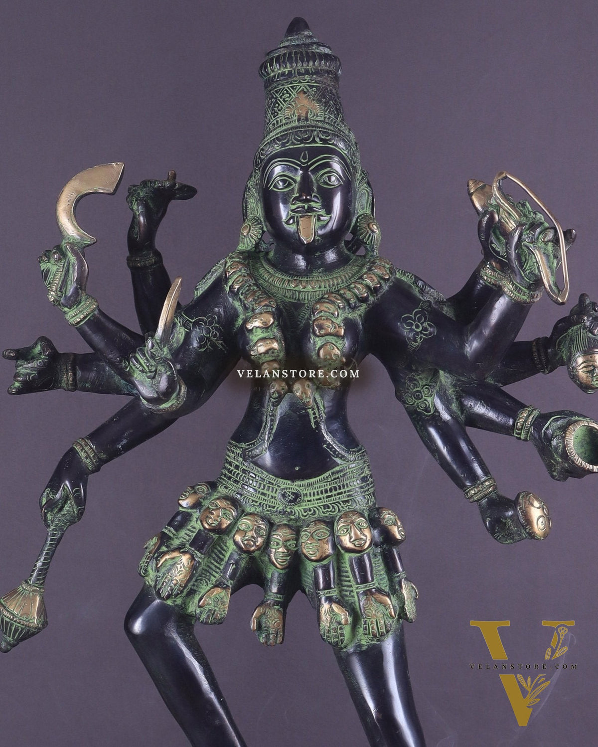 Vintage Brass Kali Mata Statue - 25 Inch, 10 Arms, Black green Edition
