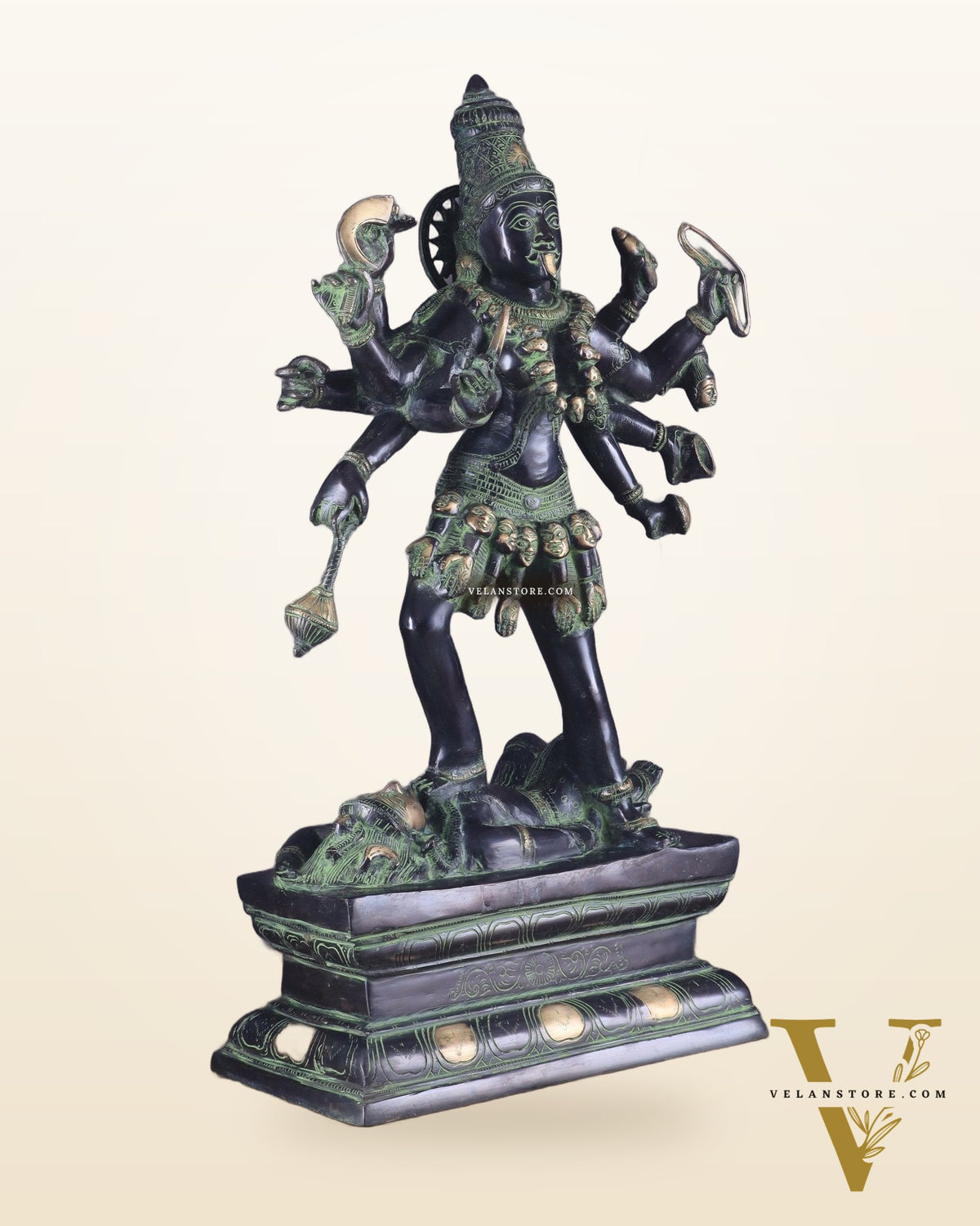 Vintage Brass Kali Mata Statue - 25 Inch, 10 Arms, Black green Edition