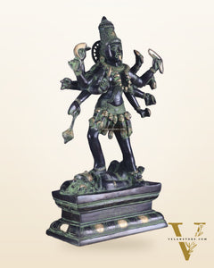 Vintage Brass Kali Mata Statue - 25 Inch, 10 Arms, Black green Edition