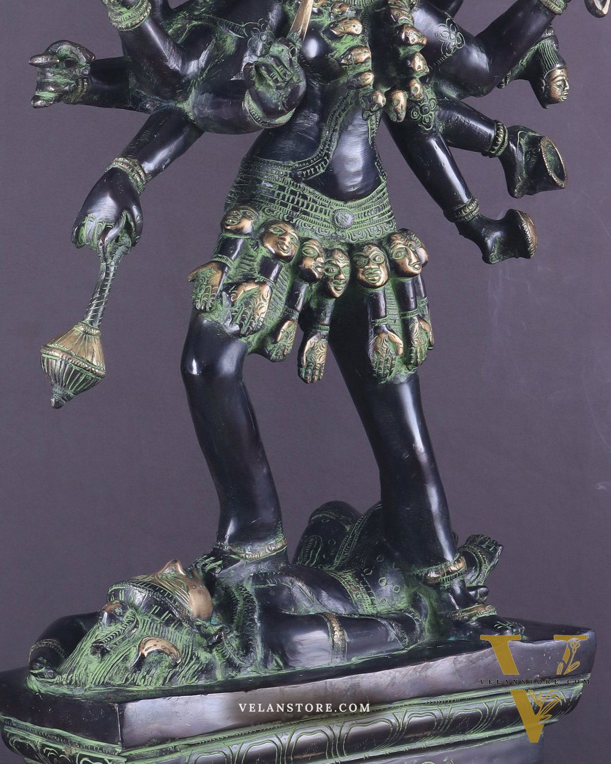 Vintage Brass Kali Mata Statue - 25 Inch, 10 Arms, Black green Edition