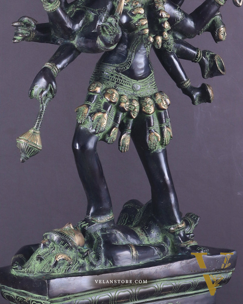 Vintage Brass Kali Mata Statue - 25 Inch, 10 Arms, Black green Edition