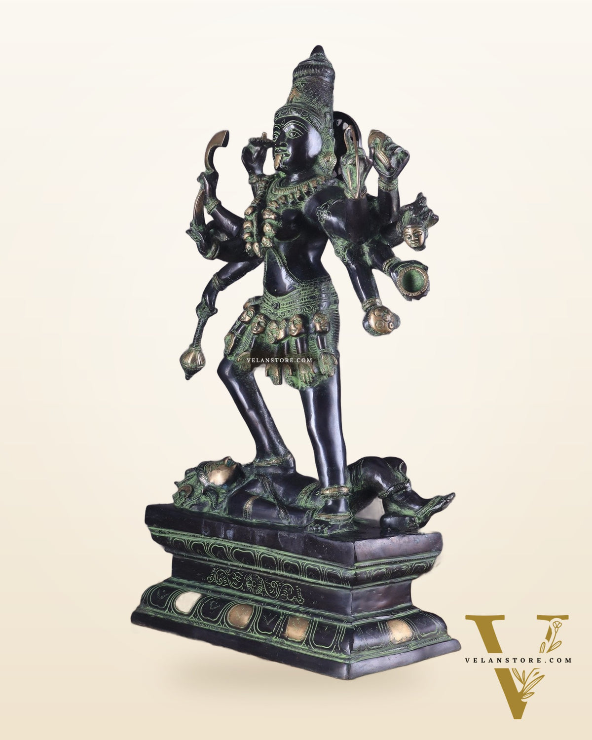 Vintage Brass Kali Mata Statue - 25 Inch, 10 Arms, Black green Edition