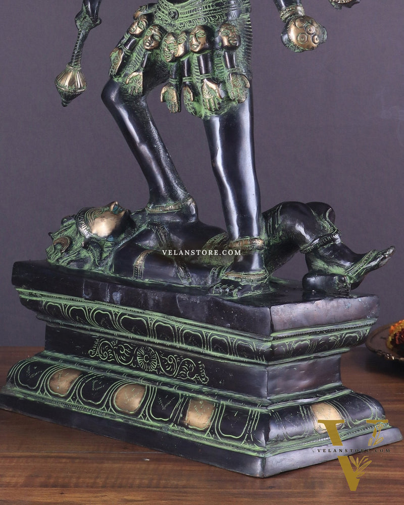 Vintage Brass Kali Mata Statue - 25 Inch, 10 Arms, Black green Edition