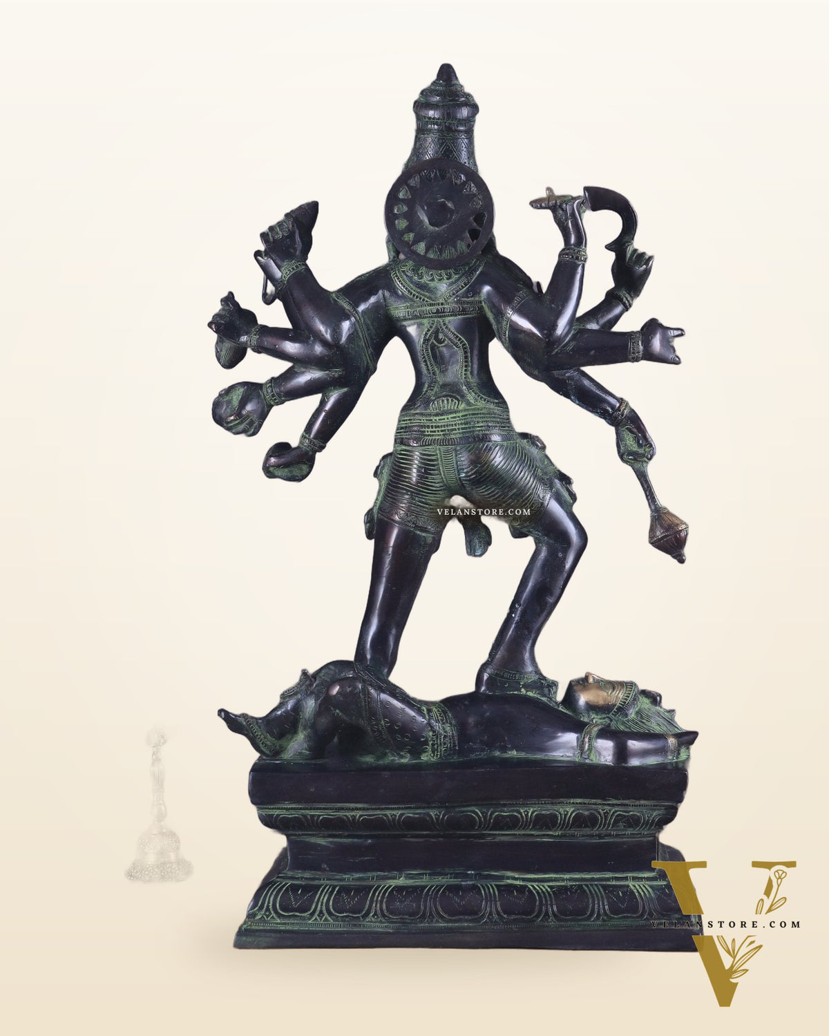 Vintage Brass Kali Mata Statue - 25 Inch, 10 Arms, Black green Edition