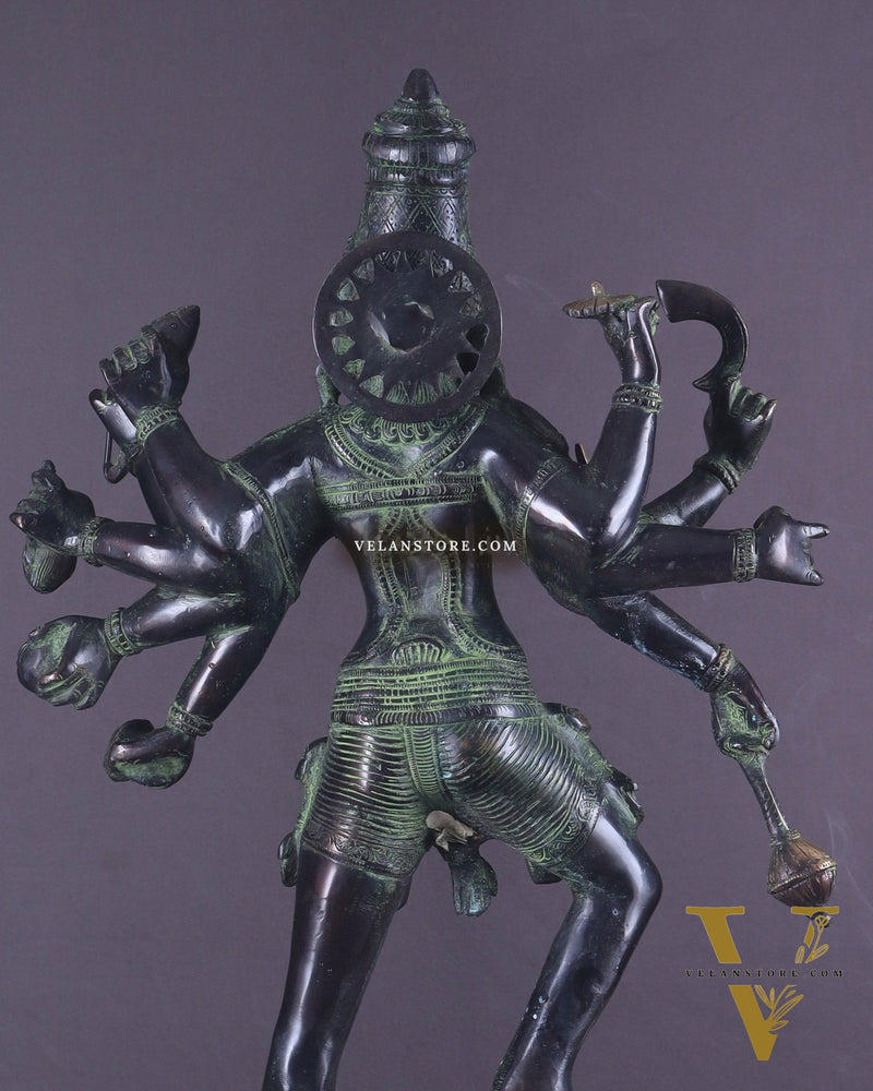 Vintage Brass Kali Mata Statue - 25 Inch, 10 Arms, Black green Edition