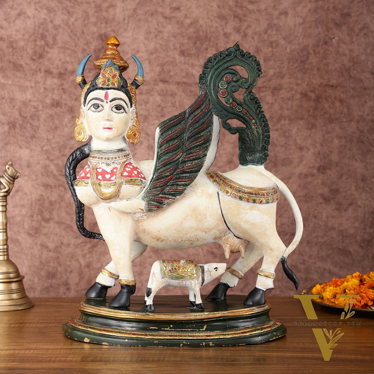 Vintage Brass Kamdhenu Cow with calf Statue | 16.5" hand-painted