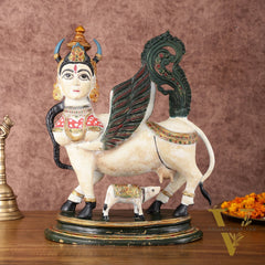 Vintage Brass Kamdhenu Cow with calf Statue | 16.5" hand-painted