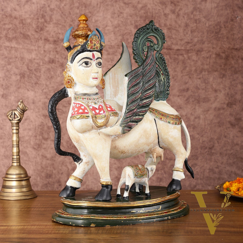 Vintage Brass Kamdhenu Cow with calf Statue | 16.5" hand-painted