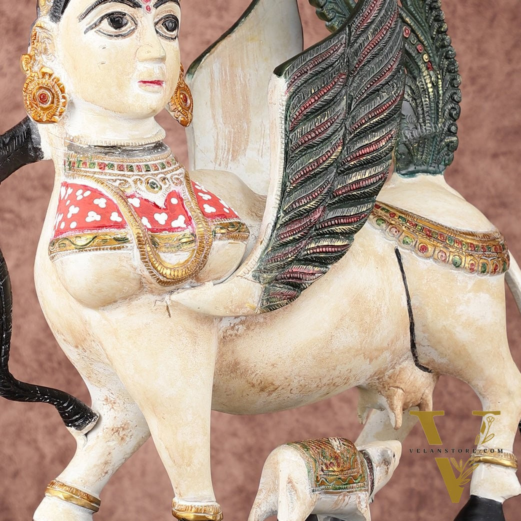 Vintage Brass Kamdhenu Cow with calf Statue | 16.5" hand-painted