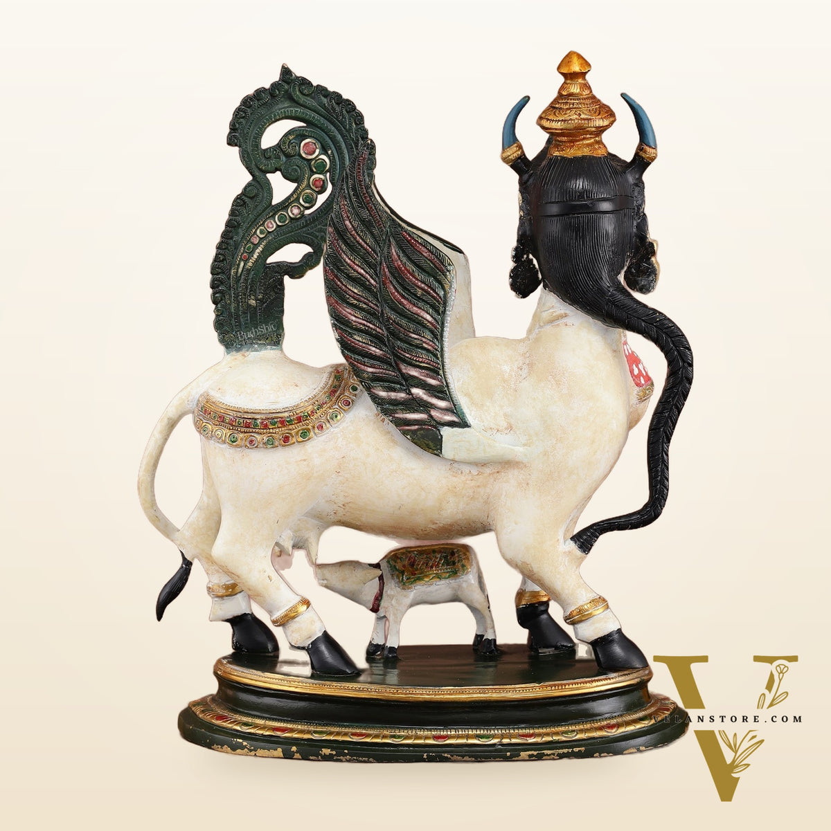 Vintage Brass Kamdhenu Cow with calf Statue | 16.5" hand-painted