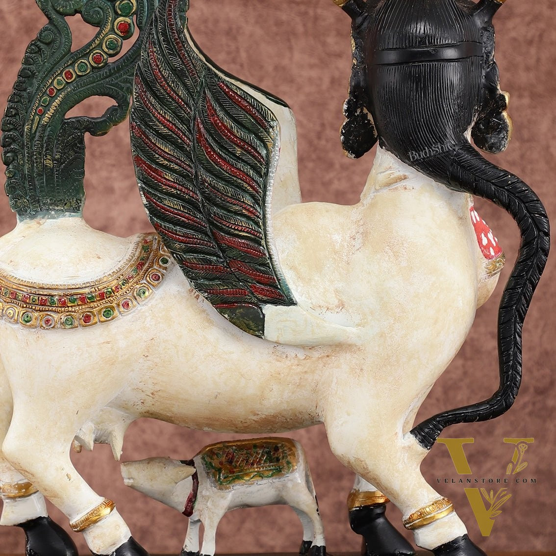 Vintage Brass Kamdhenu Cow with calf Statue | 16.5" hand-painted