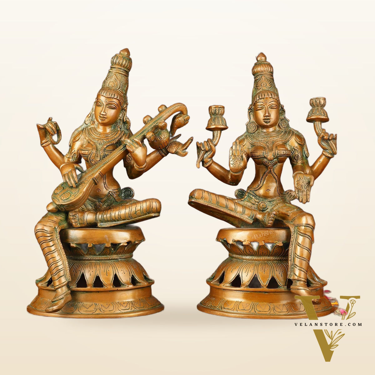 Vintage Brass Lakshmi and Saraswati Idol Pair - 12" Divine Sculpture
