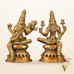 Vintage Brass Lakshmi and Saraswati Idol Pair - 12" Divine Sculpture