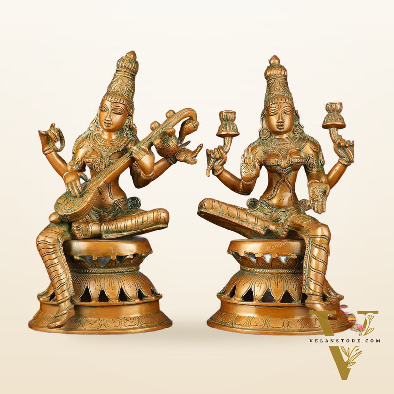 Vintage Brass Lakshmi and Saraswati Idol Pair - 12" Divine Sculpture
