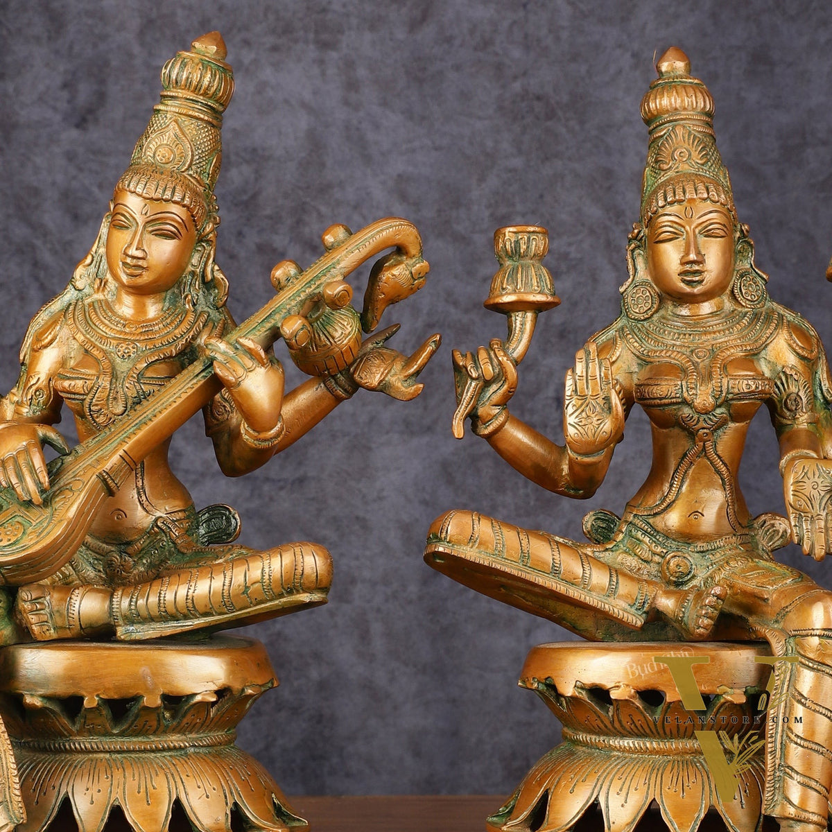 Vintage Brass Lakshmi and Saraswati Idol Pair - 12" Divine Sculpture