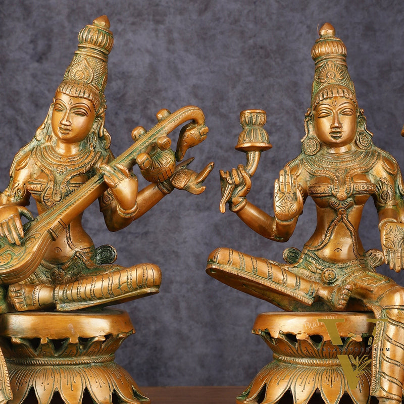 Vintage Brass Lakshmi and Saraswati Idol Pair - 12" Divine Sculpture