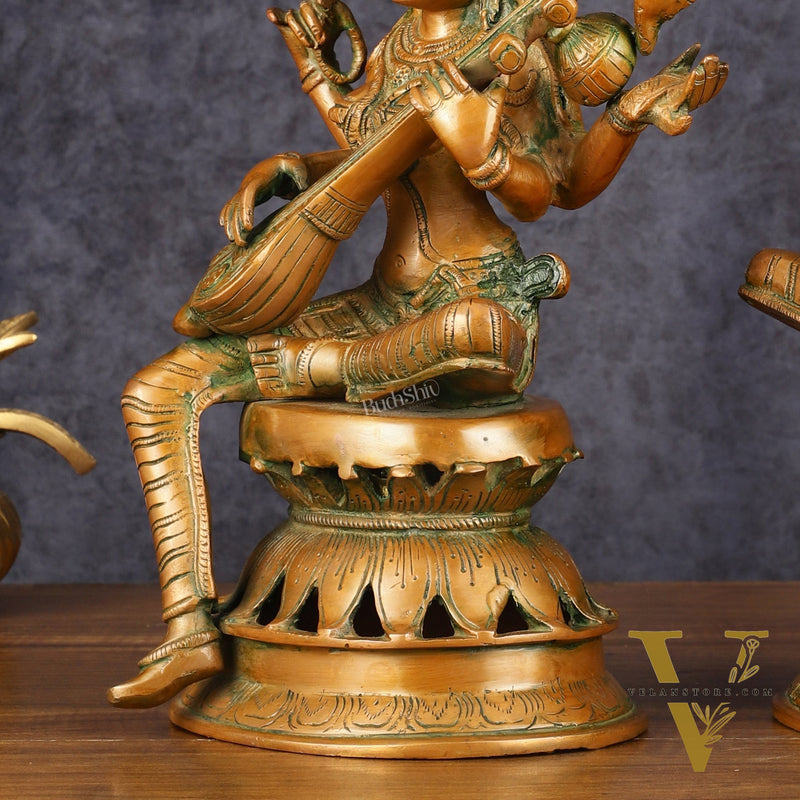 Vintage Brass Lakshmi and Saraswati Idol Pair - 12" Divine Sculpture