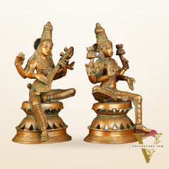 Vintage Brass Lakshmi and Saraswati Idol Pair - 12" Divine Sculpture