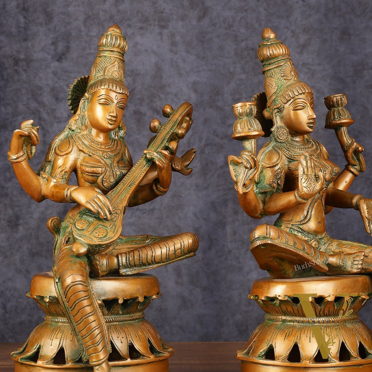 Vintage Brass Lakshmi and Saraswati Idol Pair - 12" Divine Sculpture