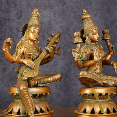 Vintage Brass Lakshmi and Saraswati Idol Pair - 12" Divine Sculpture