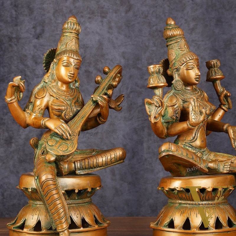 Vintage Brass Lakshmi and Saraswati Idol Pair - 12" Divine Sculpture