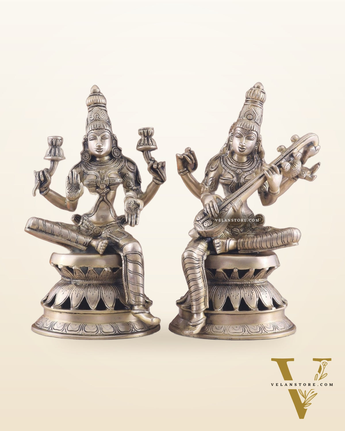 Vintage Brass Lakshmi and Saraswati Idol Pair - 12"