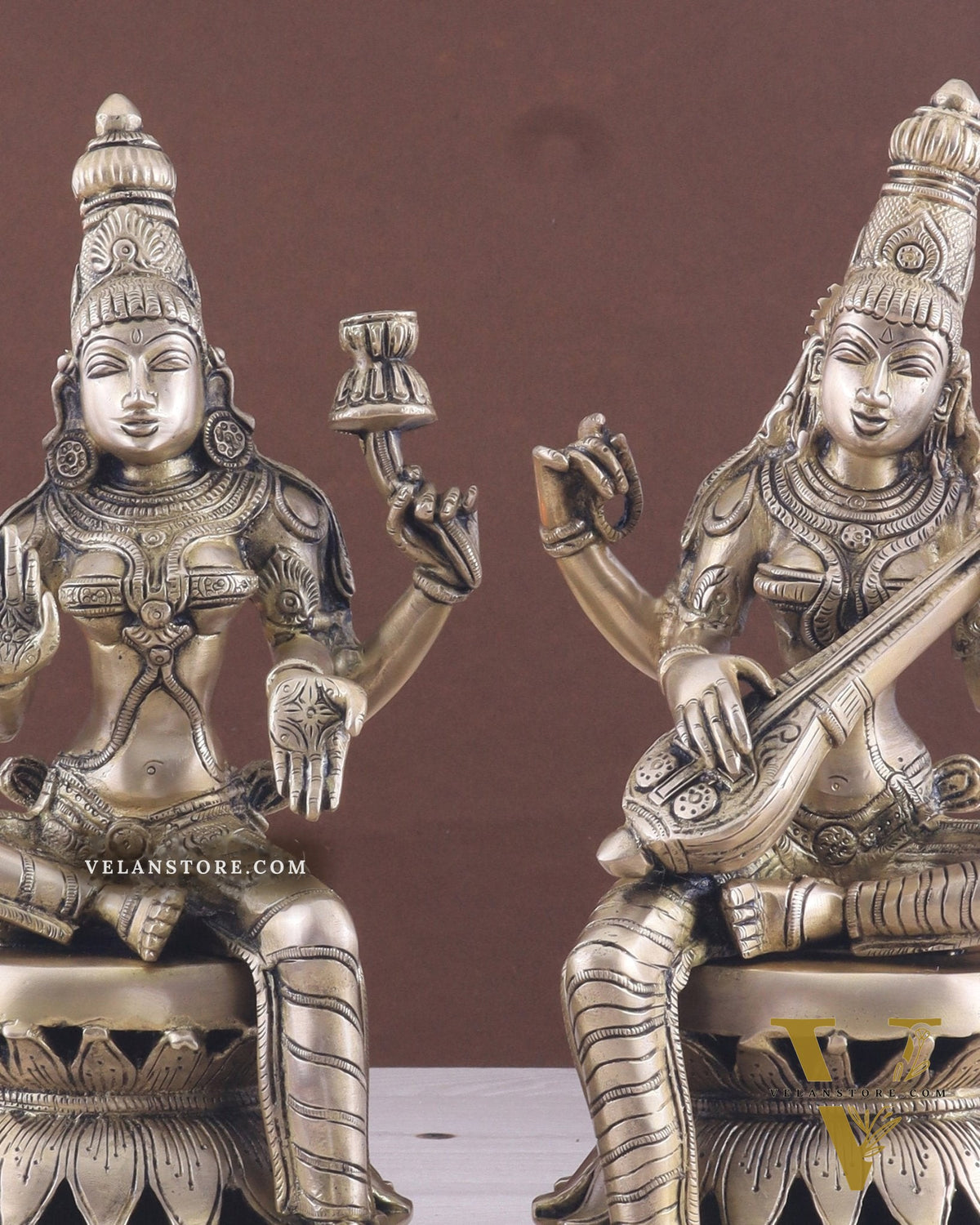Vintage Brass Lakshmi and Saraswati Idol Pair - 12"