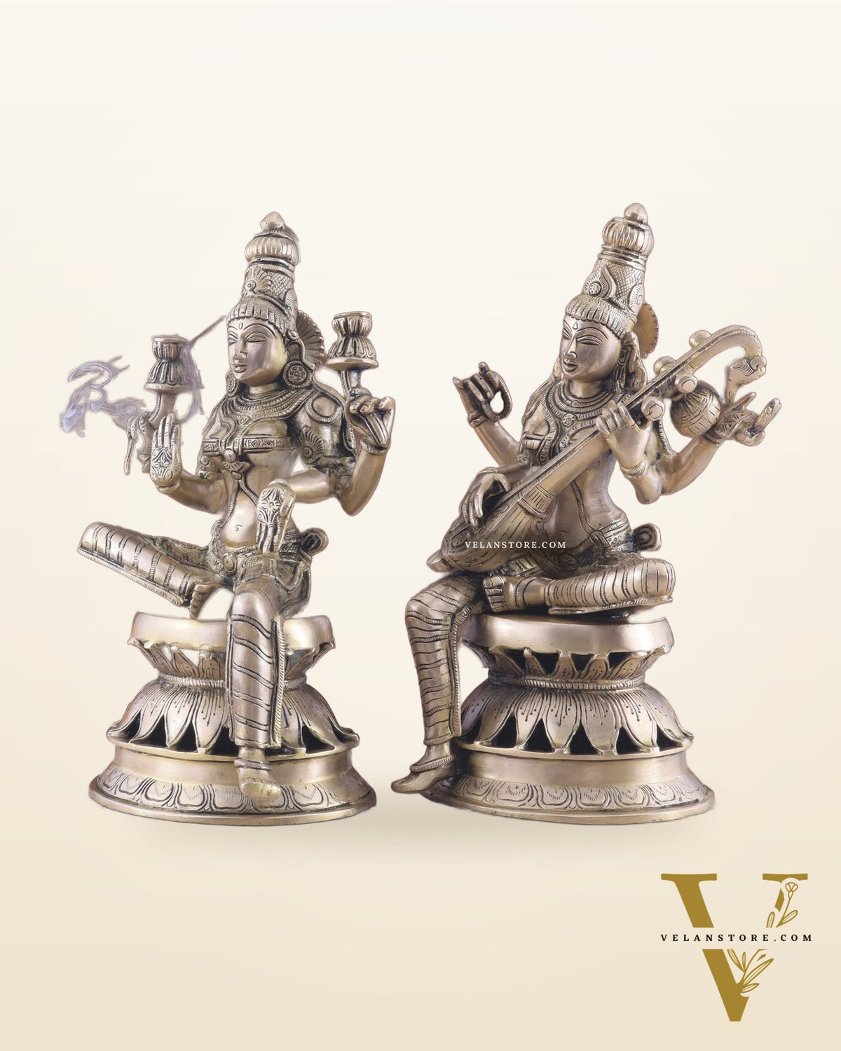 Vintage Brass Lakshmi and Saraswati Idol Pair - 12"