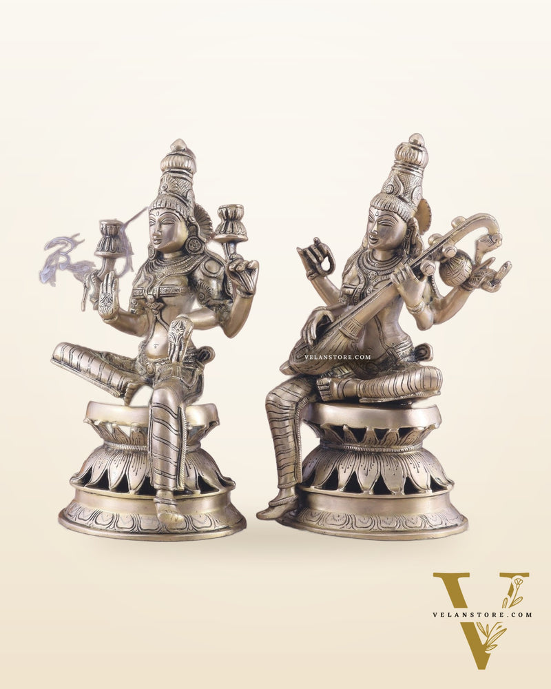Vintage Brass Lakshmi and Saraswati Idol Pair - 12"